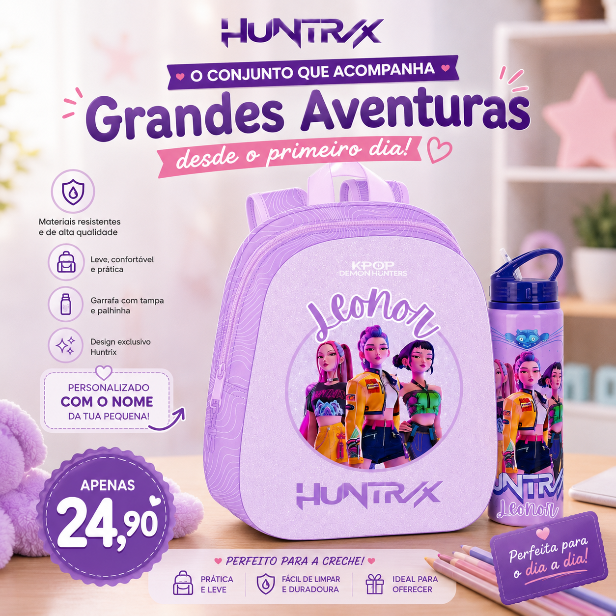 Conjunto Creche | K-POP Demon Hunters | Mochila + Garrafa