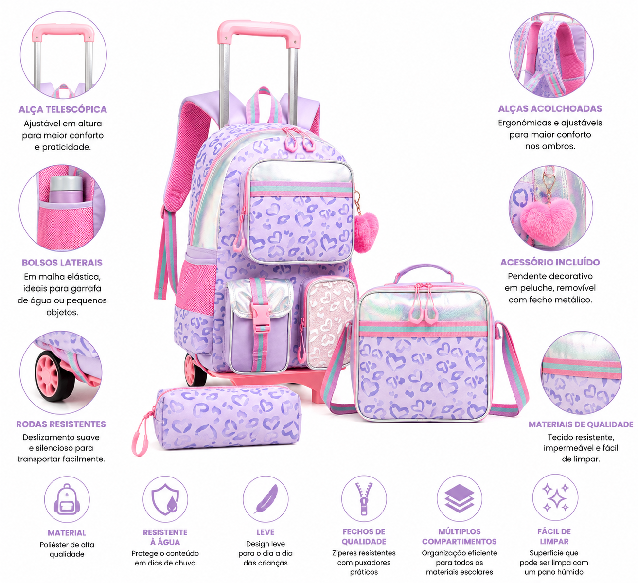 Conjunto Trolley Escolar Personalizado| Emily Vick |Trolley + Mochila + Lancheira + Estojo