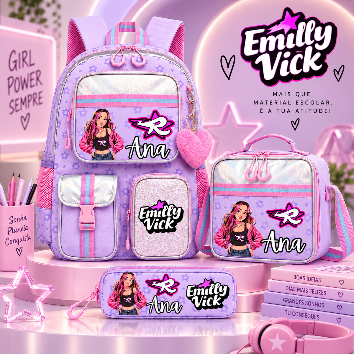 Conjunto escolar | Emilly Vick Roxo | Mochila + Lancheira + Estojo