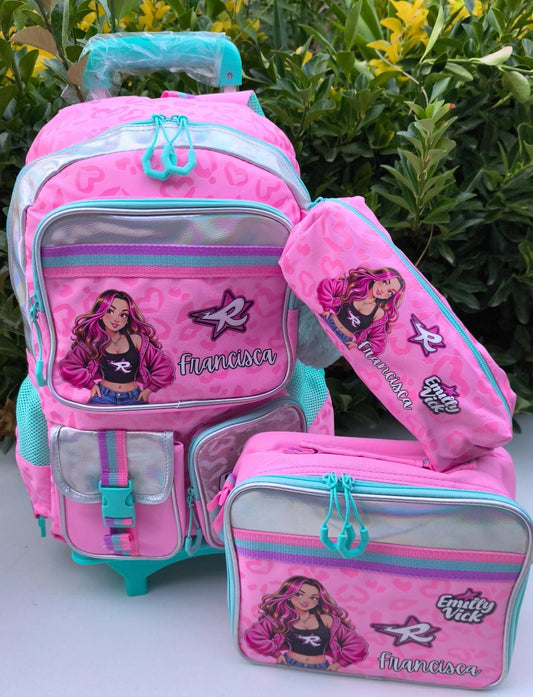 Conjunto Trolley  Escolar Personalizado| Emily Vick  |Trolley + Mochila + Lancheira + Estojo
