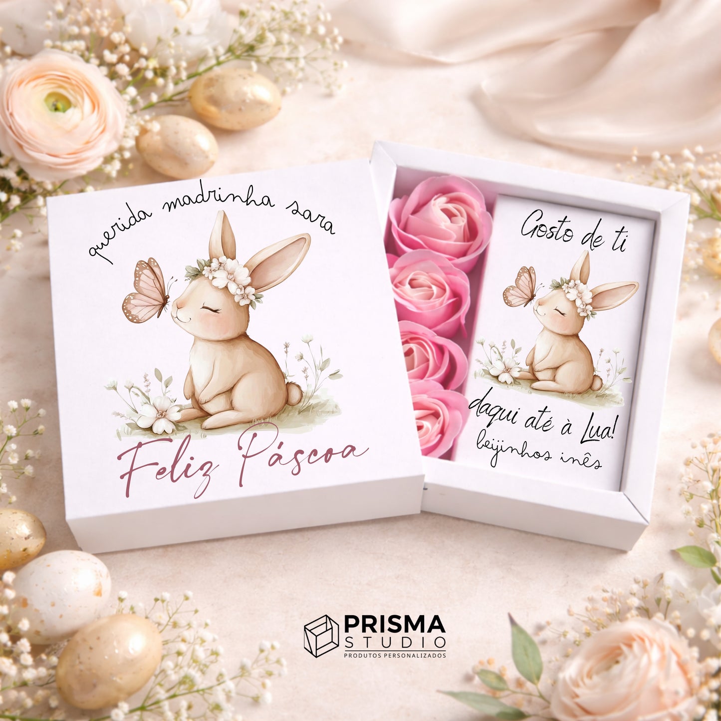 Caixa Presente Personalizada com Rosas – Madrinha | Edição Especial Páscoa
