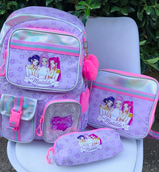 Conjunto escolar Roxo | Huntrix | Mochila + Lancheira + Estojo
