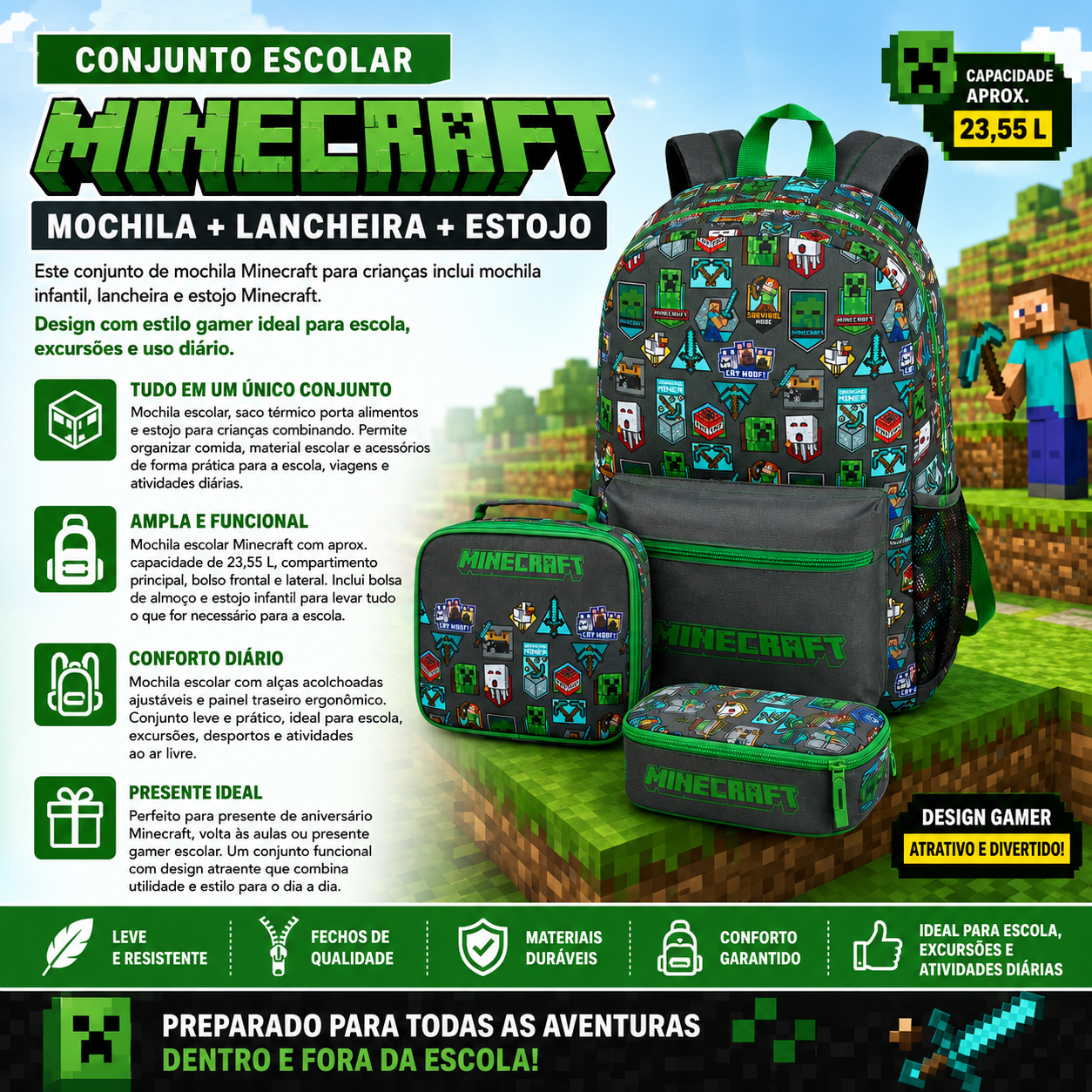 Conjunto escolar | Minecraft | Mochila + Lancheira + Estojo Triplo