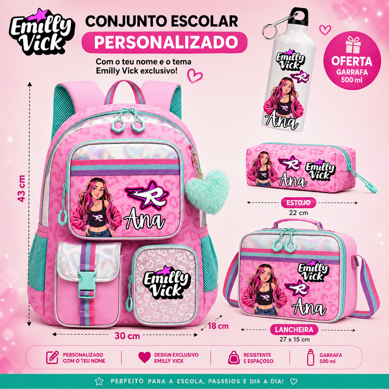Conjunto escolar | Emilly Vick | Mochila + Lancheira + Estojo
