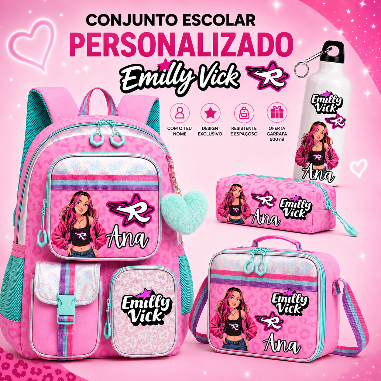 Conjunto escolar | Emilly Vick | Mochila + Lancheira + Estojo