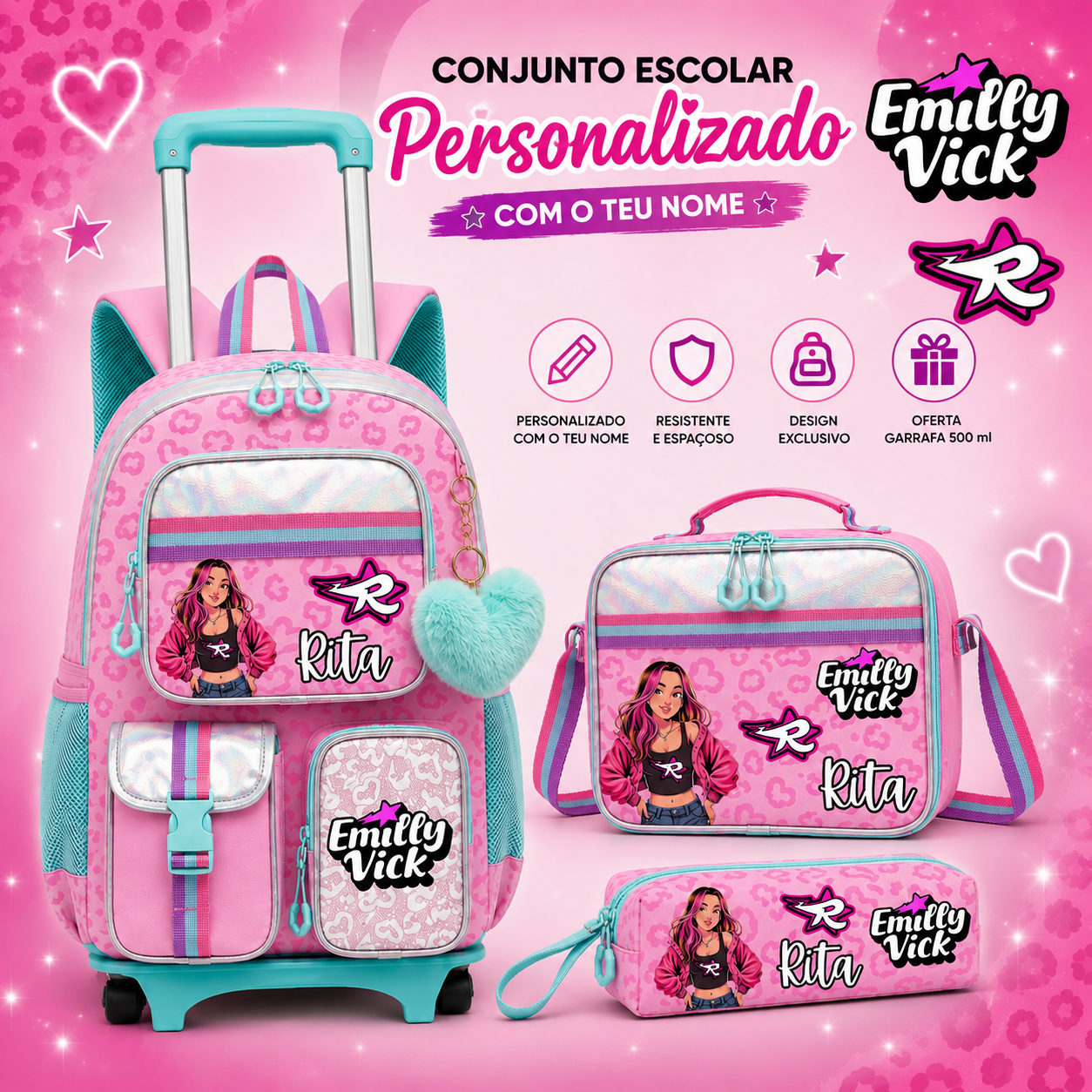 Conjunto Trolley  Escolar Personalizado| Emily Vick  |Trolley + Mochila + Lancheira + Estojo