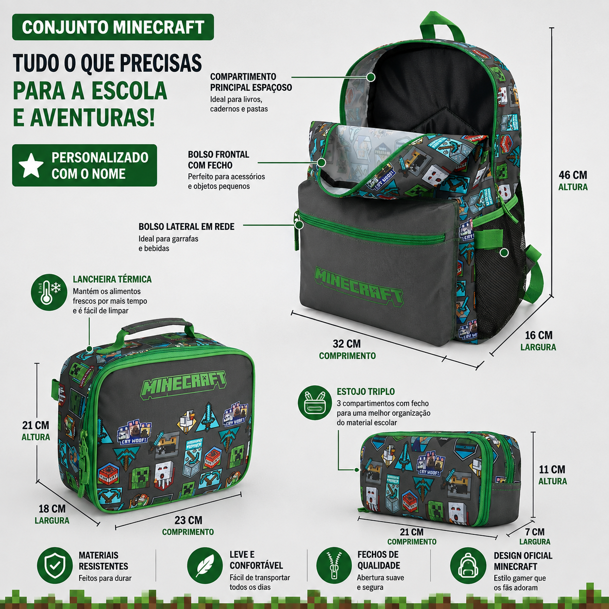 Conjunto escolar | Minecraft | Mochila + Lancheira + Estojo Triplo
