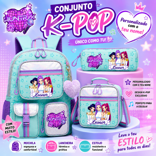 Conjunto escolar Verde | Huntrix | Mochila + Lancheira + Estojo