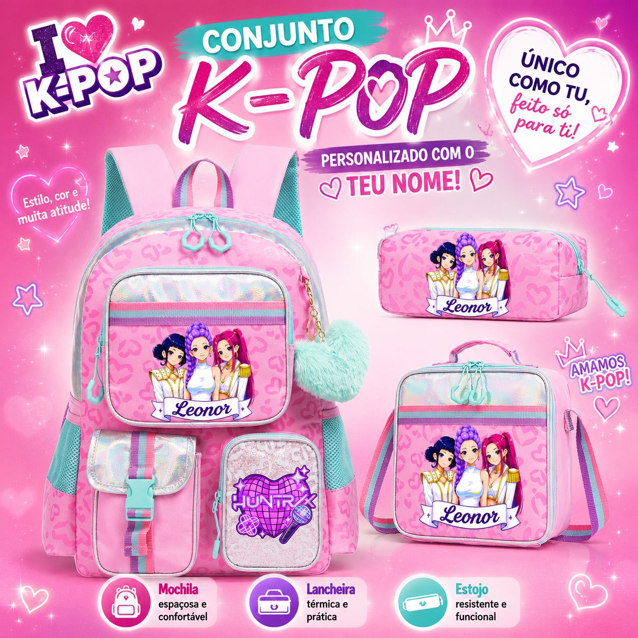 Conjunto escolar | Huntrix | Mochila + Lancheira + Estojo