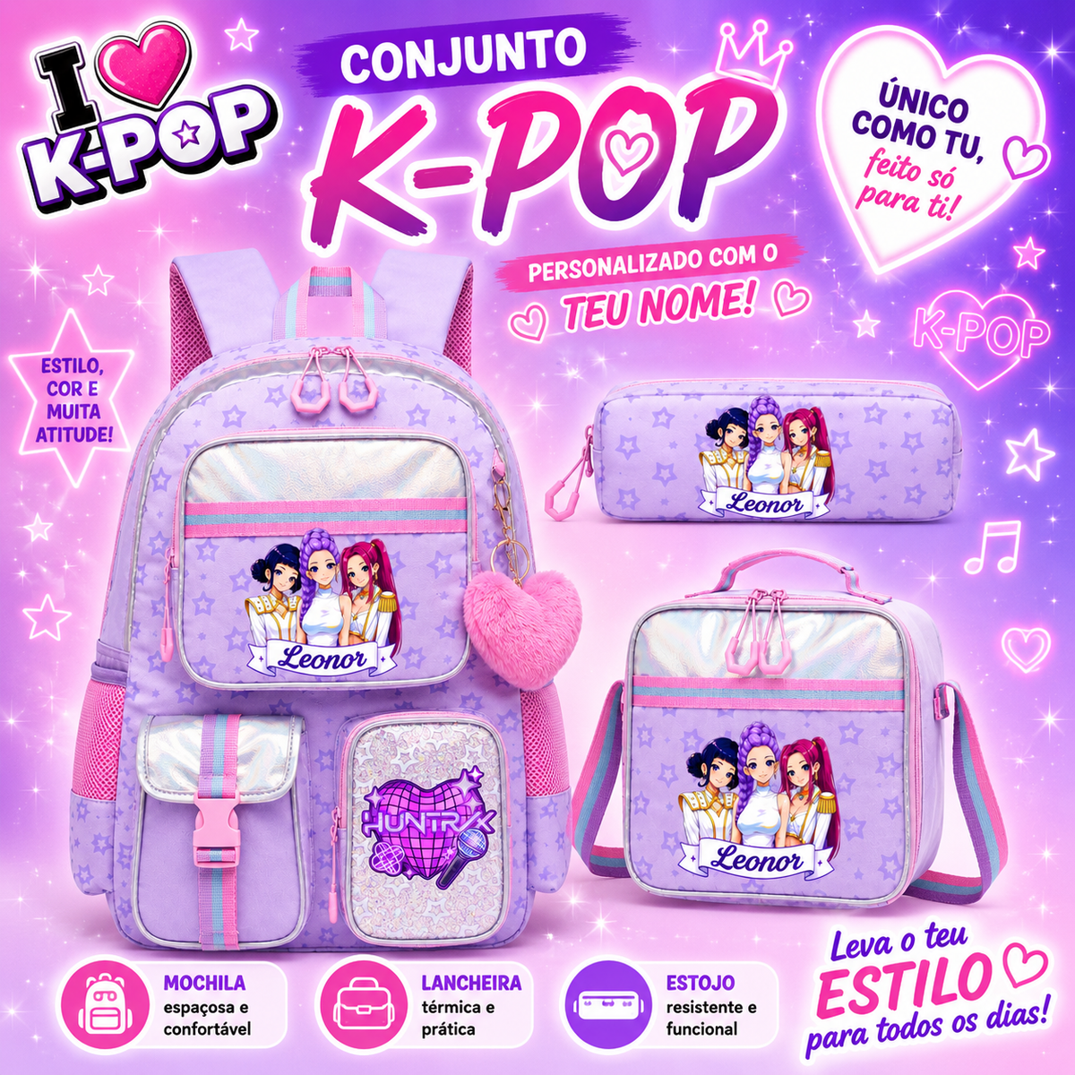 Conjunto escolar Roxo | Huntrix | Mochila + Lancheira + Estojo