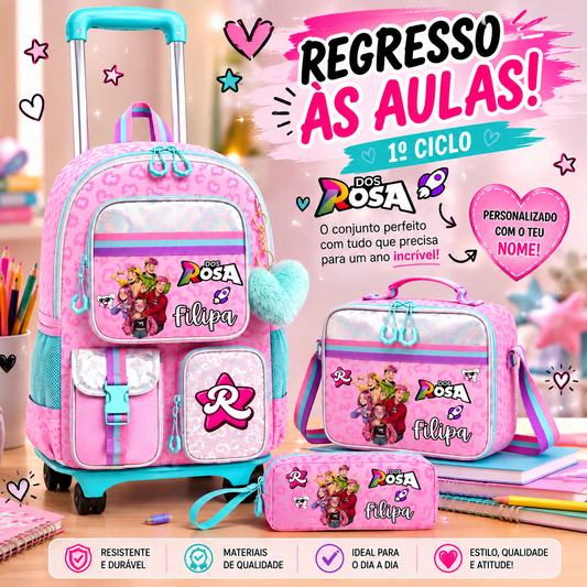 Conjunto Escolar Dos Rosa Trolley Personalizado | Mochila + Lancheira + Estojo |