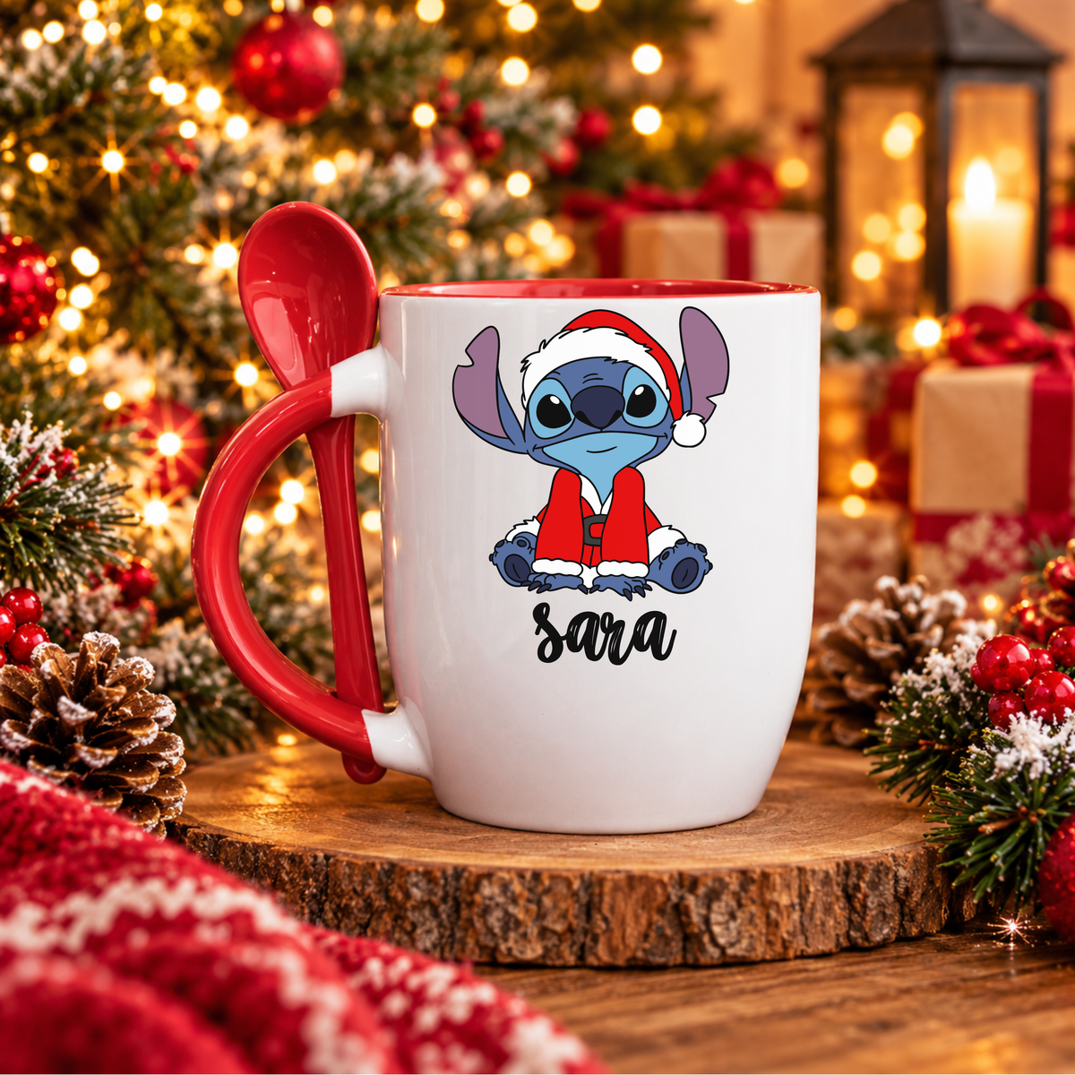 Caneca com Colher Personalizada '' Stitch Christmas''