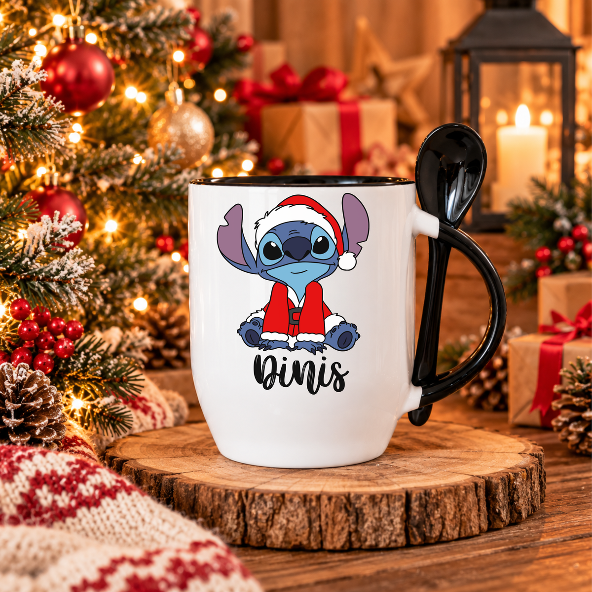 Caneca com Colher Personalizada '' Stitch Christmas''