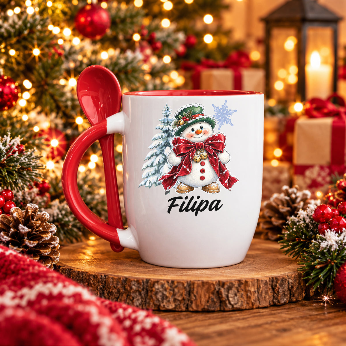 Caneca com Colher Personalizada '' Snowy Christmas ''