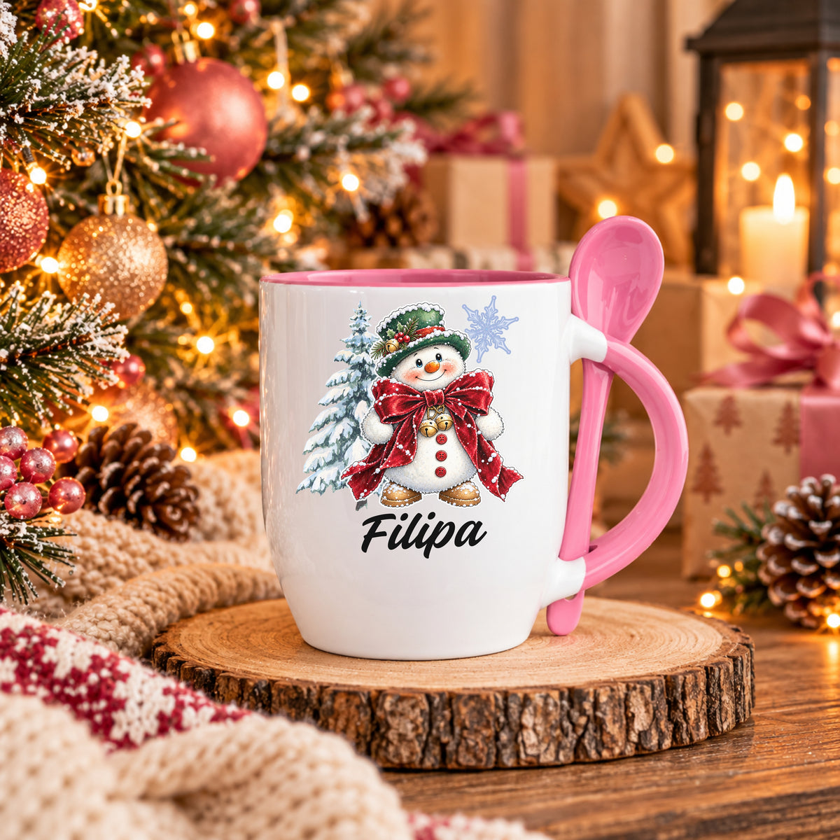 Caneca com Colher Personalizada '' Snowy Christmas ''
