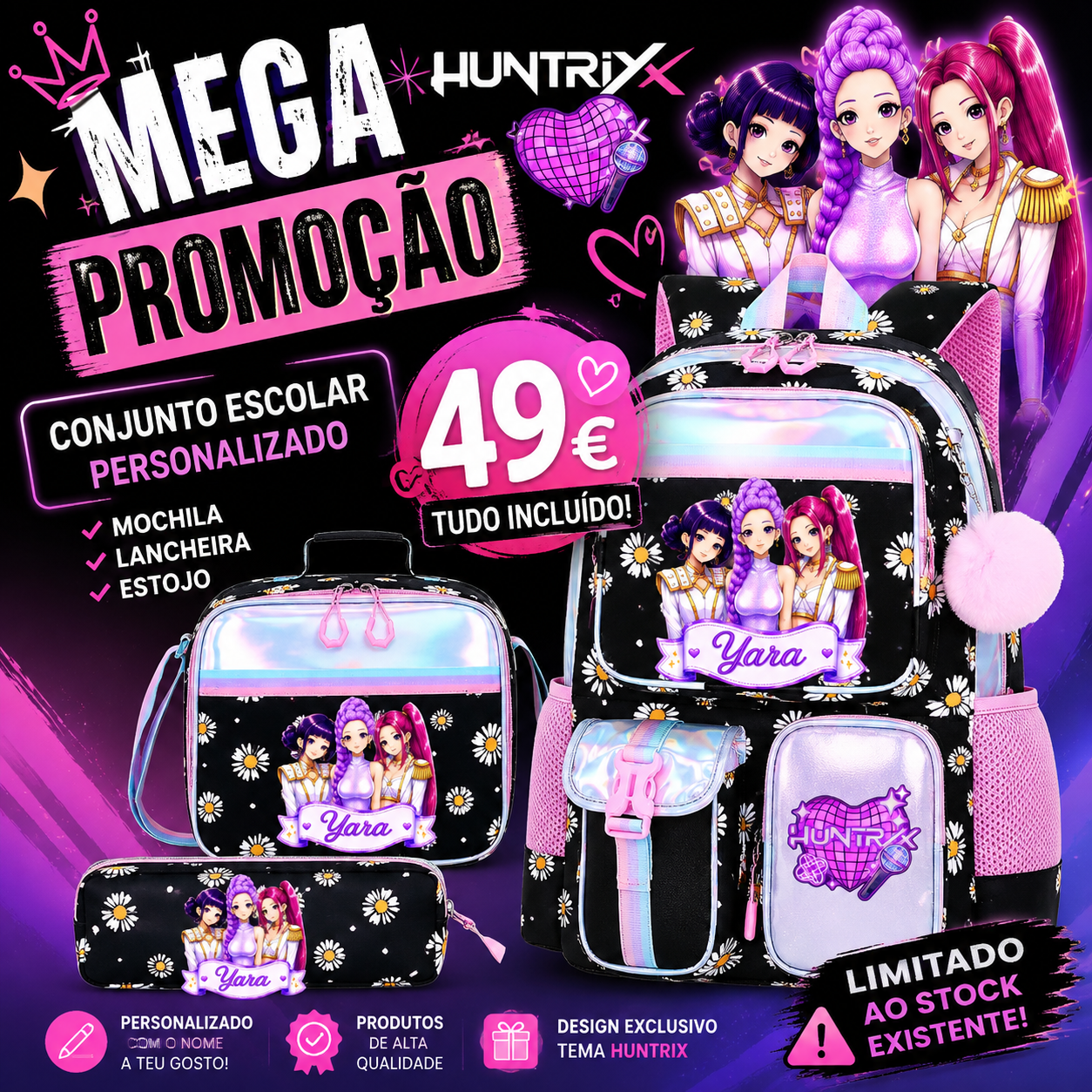 Conjunto escolar | Huntrix | Mochila + Lancheira + Estojo