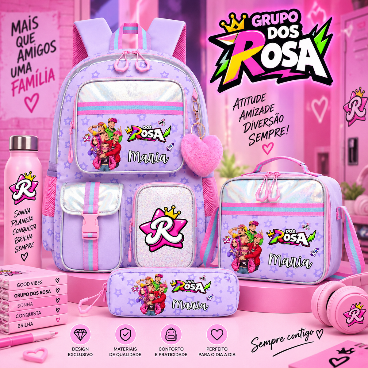 Conjunto escolar |Dos Rosa | Mochila + Lancheira + Estojo
