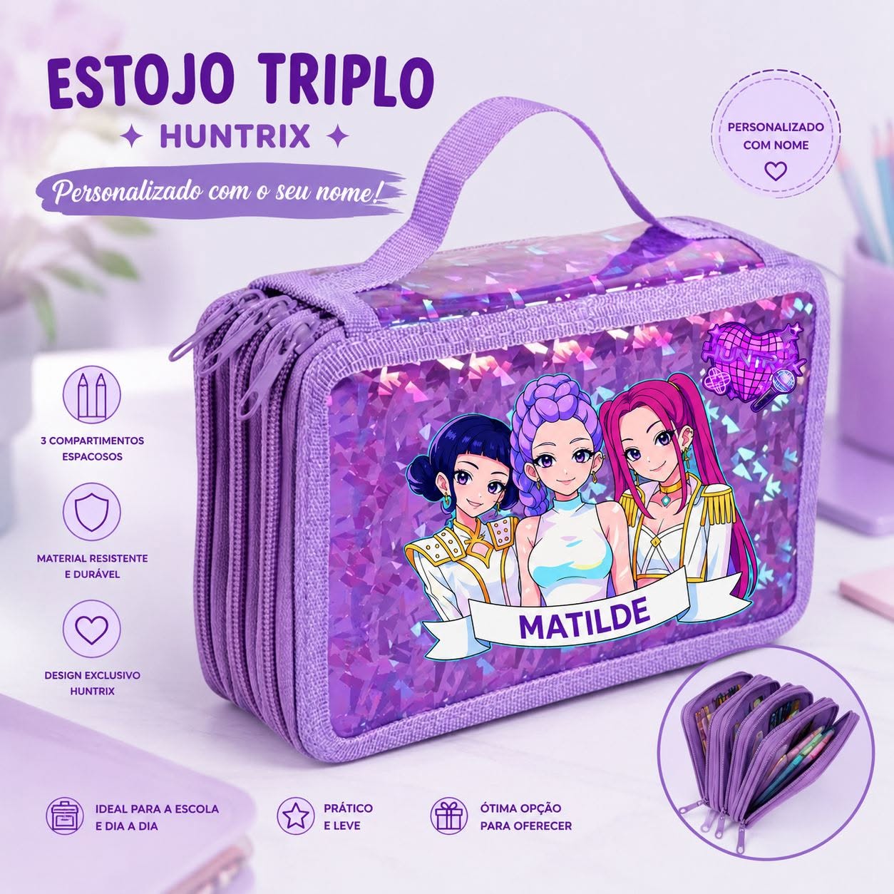 Estojo Escolar Triplo | Huntrix