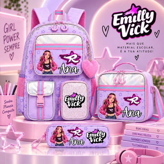 Conjunto escolar | Emilly Vick Roxo | Mochila + Lancheira + Estojo
